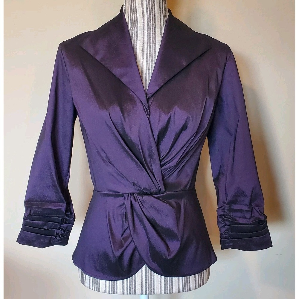 Tadashi Shoji Fitted Jacket Sz 6 Stretch Eggplant Purple Blazer Ruched Taffeta